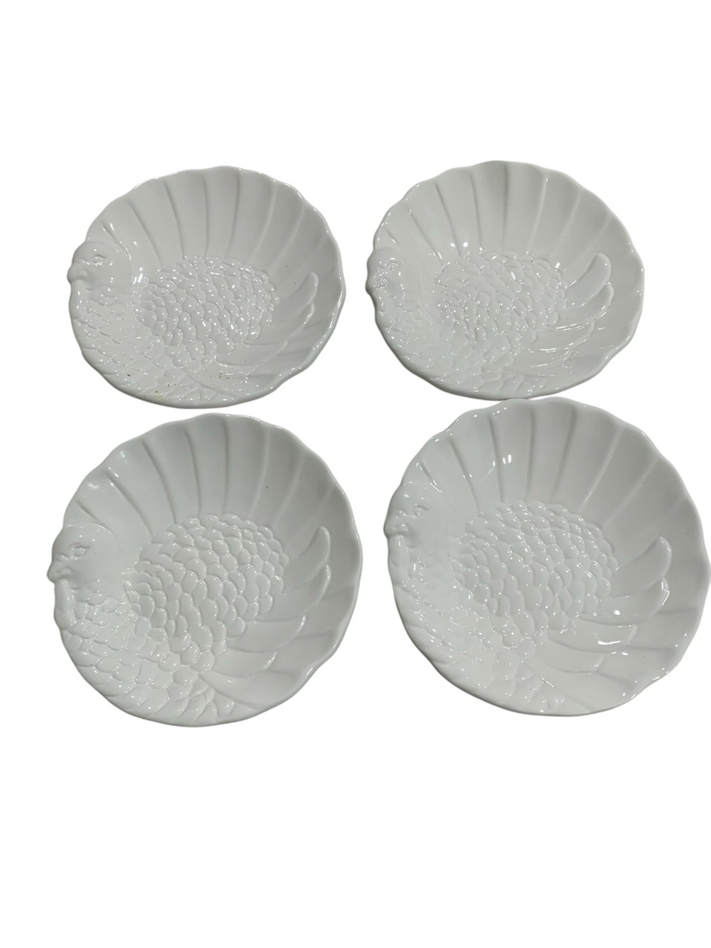 Pottery Barn Turkey Appetizer Plates Set of 4 White Embossed Thanksgiving 7”